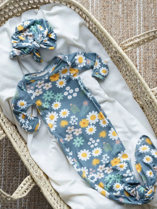 Blue Daisy Bamboo Knotted Gown Set